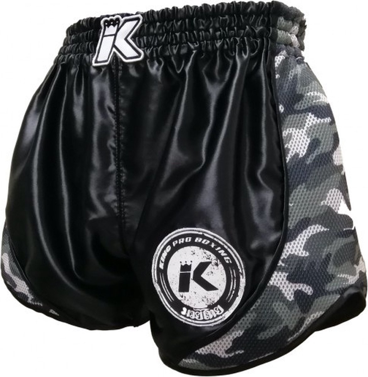 King Pro Boxing-Fightshort-Kickboksbroek-Short-RETRO MESH CAMO-Legerprint-Zwart-Grijs